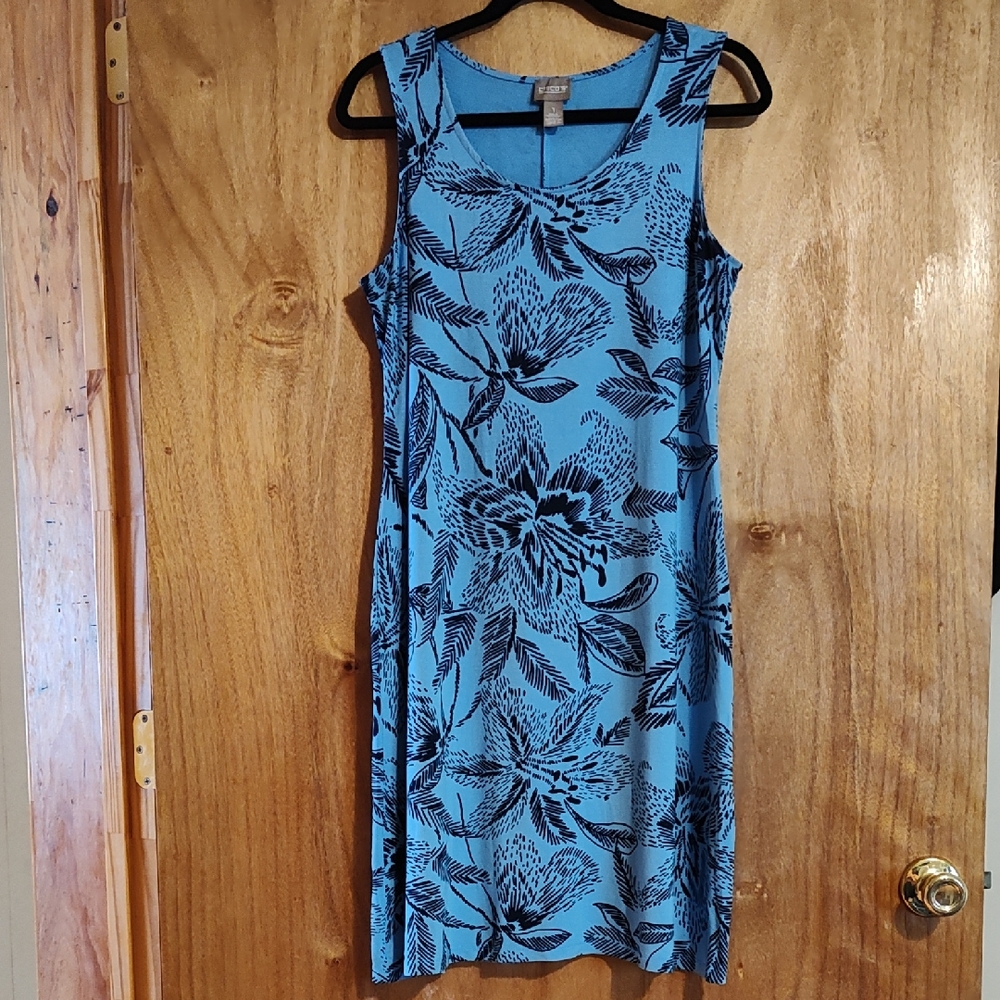 Chico's Tropical Rain Kimmi Knee-Length Dress Beachview Blue Stretchy Shift M/8
